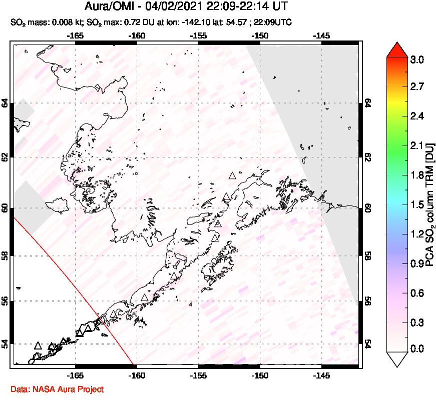 A sulfur dioxide image over Alaska, USA on Apr 02, 2021.