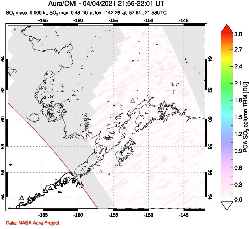A sulfur dioxide image over Alaska, USA on Apr 04, 2021.