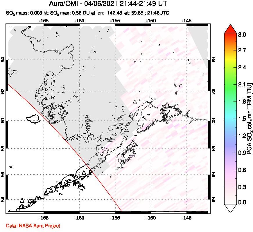 A sulfur dioxide image over Alaska, USA on Apr 06, 2021.