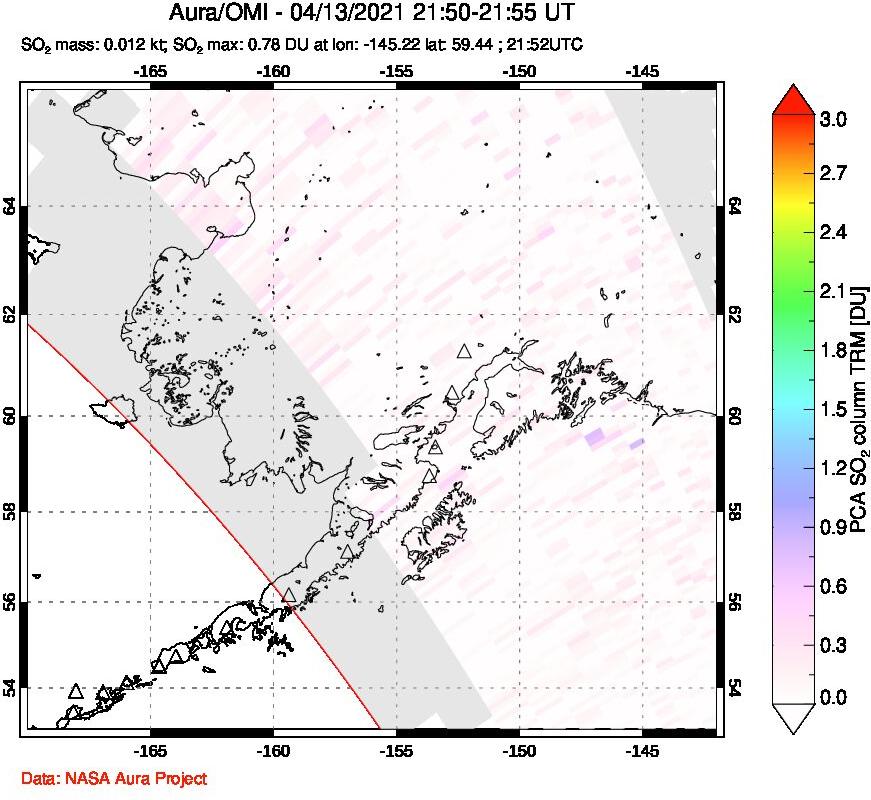 A sulfur dioxide image over Alaska, USA on Apr 13, 2021.