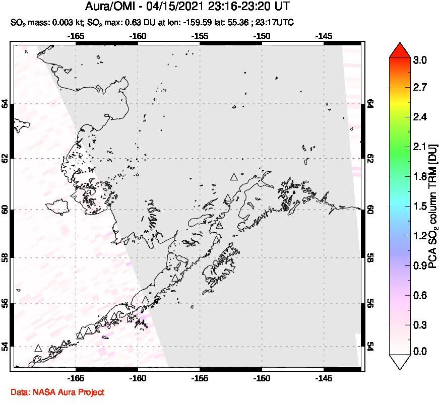 A sulfur dioxide image over Alaska, USA on Apr 15, 2021.