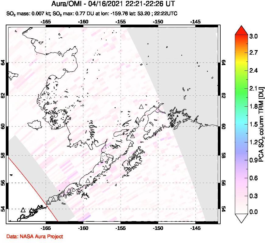A sulfur dioxide image over Alaska, USA on Apr 16, 2021.