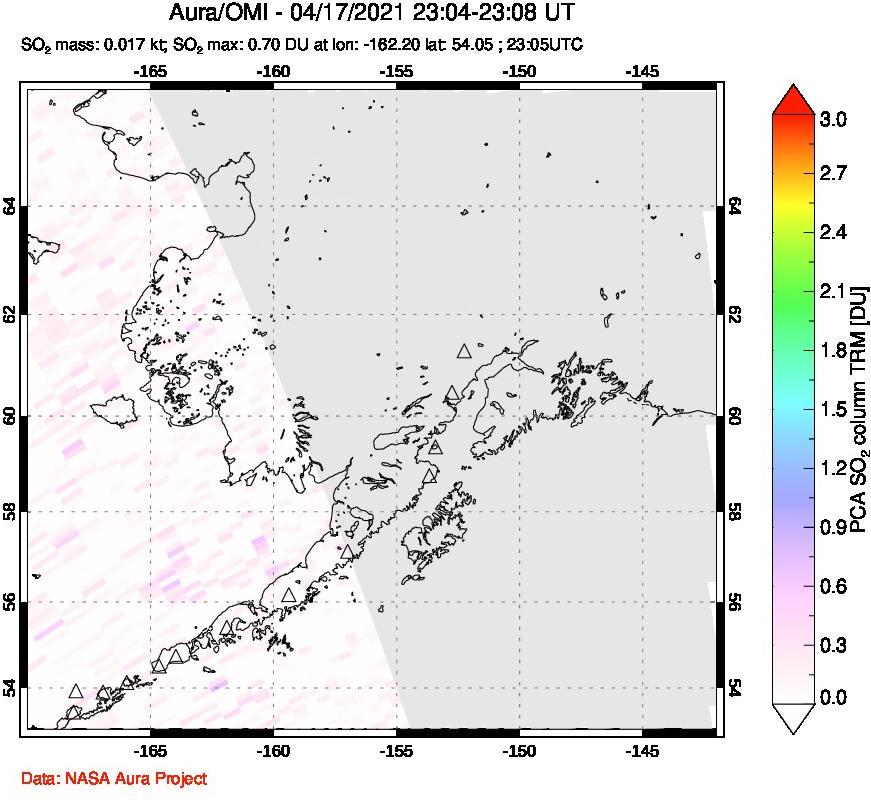 A sulfur dioxide image over Alaska, USA on Apr 17, 2021.