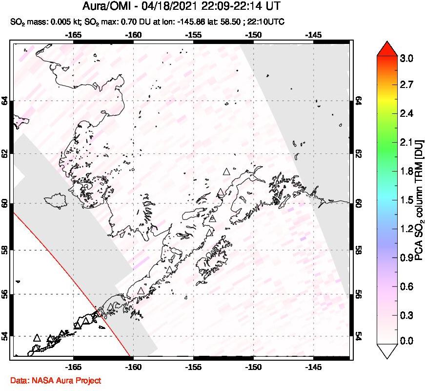 A sulfur dioxide image over Alaska, USA on Apr 18, 2021.