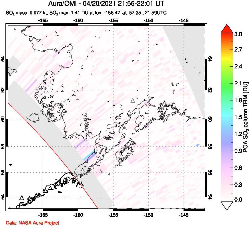 A sulfur dioxide image over Alaska, USA on Apr 20, 2021.