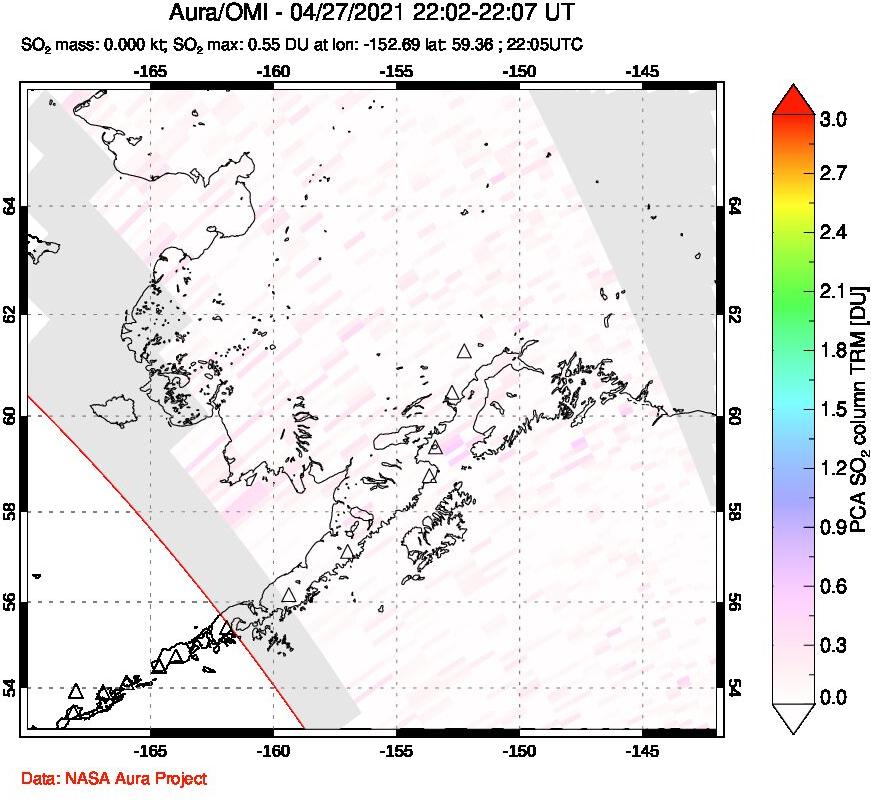 A sulfur dioxide image over Alaska, USA on Apr 27, 2021.