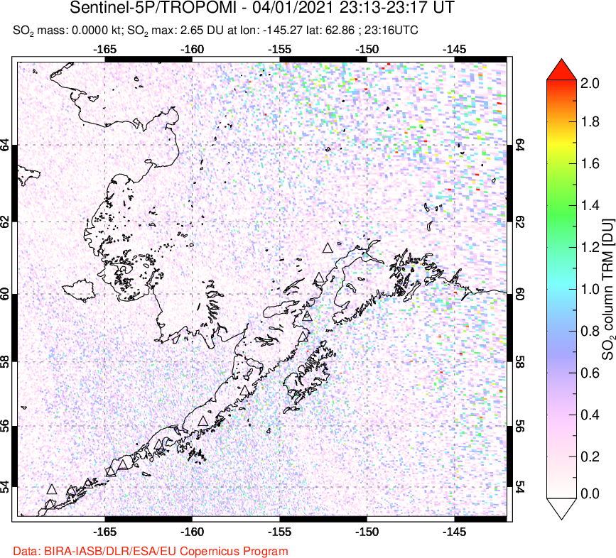 A sulfur dioxide image over Alaska, USA on Apr 01, 2021.