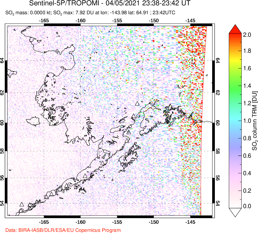 A sulfur dioxide image over Alaska, USA on Apr 05, 2021.