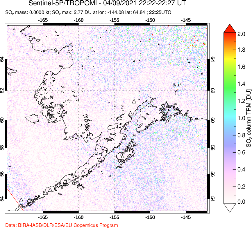 A sulfur dioxide image over Alaska, USA on Apr 09, 2021.