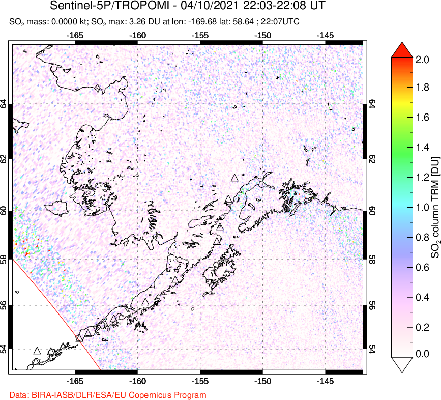 A sulfur dioxide image over Alaska, USA on Apr 10, 2021.