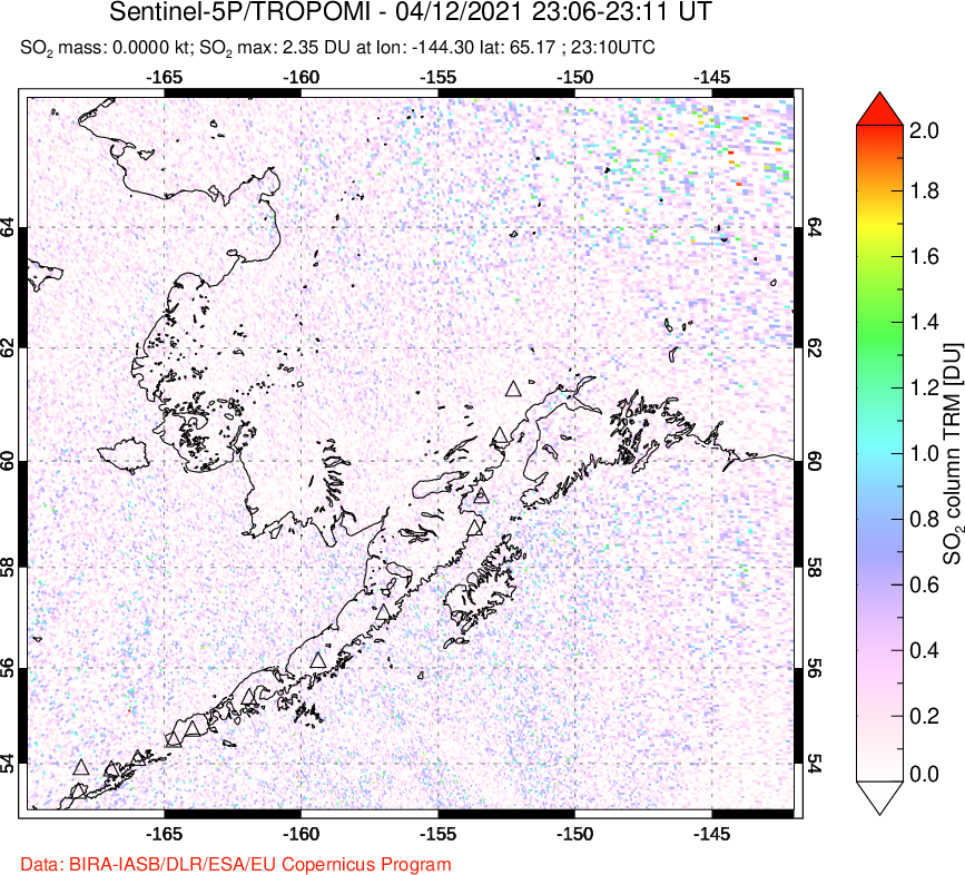 A sulfur dioxide image over Alaska, USA on Apr 12, 2021.