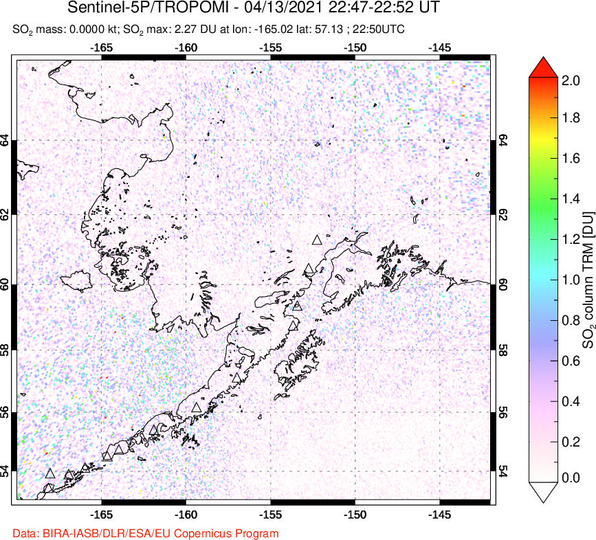 A sulfur dioxide image over Alaska, USA on Apr 13, 2021.