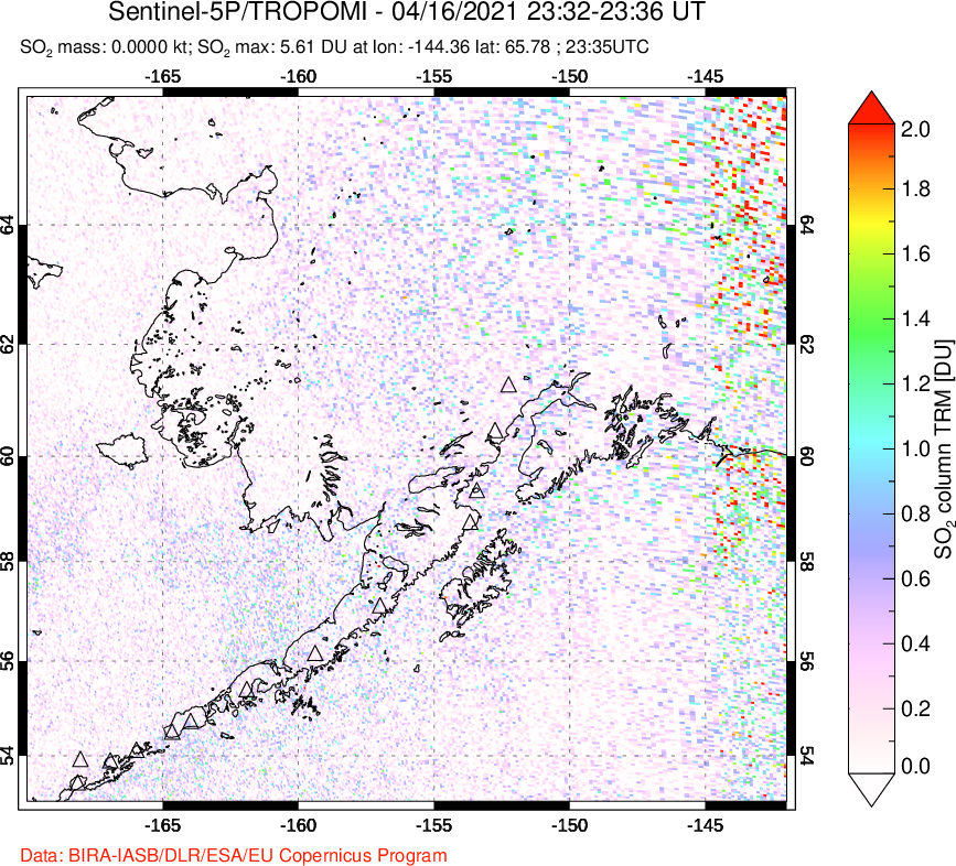A sulfur dioxide image over Alaska, USA on Apr 16, 2021.