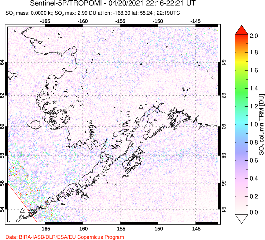 A sulfur dioxide image over Alaska, USA on Apr 20, 2021.
