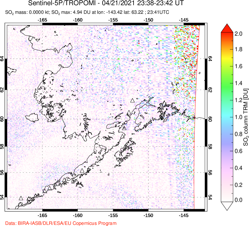 A sulfur dioxide image over Alaska, USA on Apr 21, 2021.