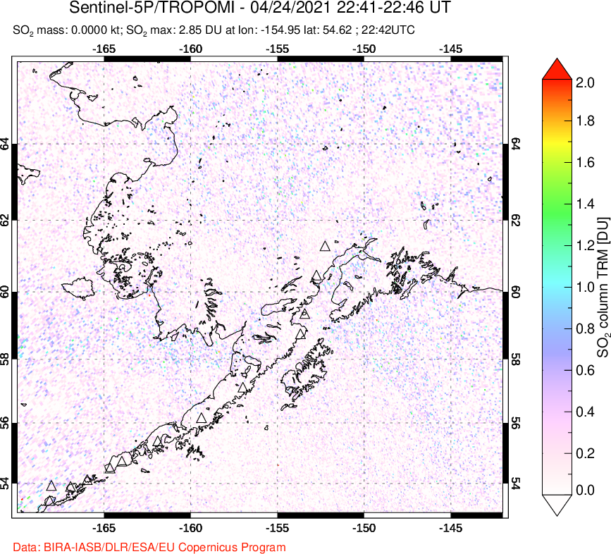 A sulfur dioxide image over Alaska, USA on Apr 24, 2021.
