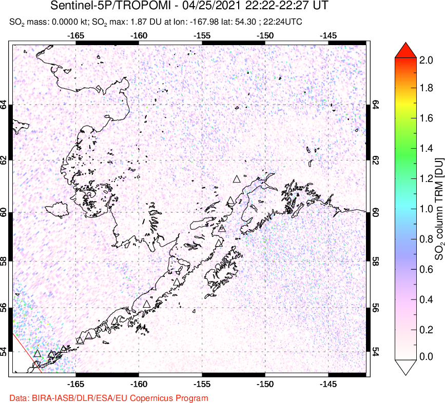 A sulfur dioxide image over Alaska, USA on Apr 25, 2021.