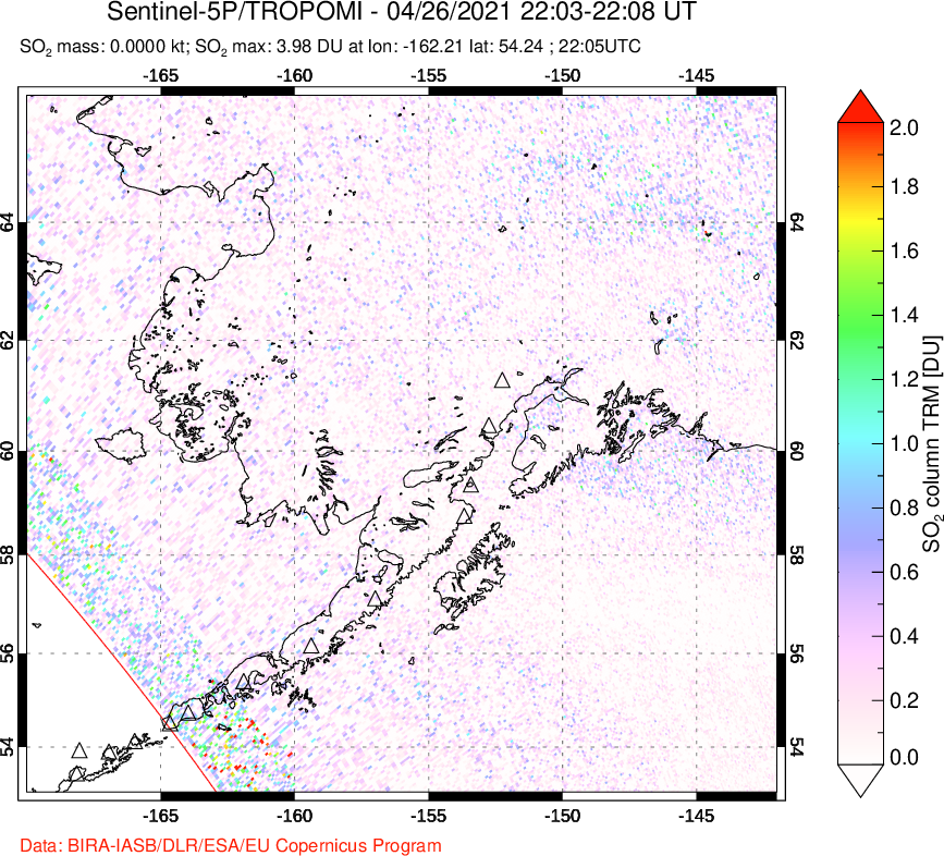 A sulfur dioxide image over Alaska, USA on Apr 26, 2021.