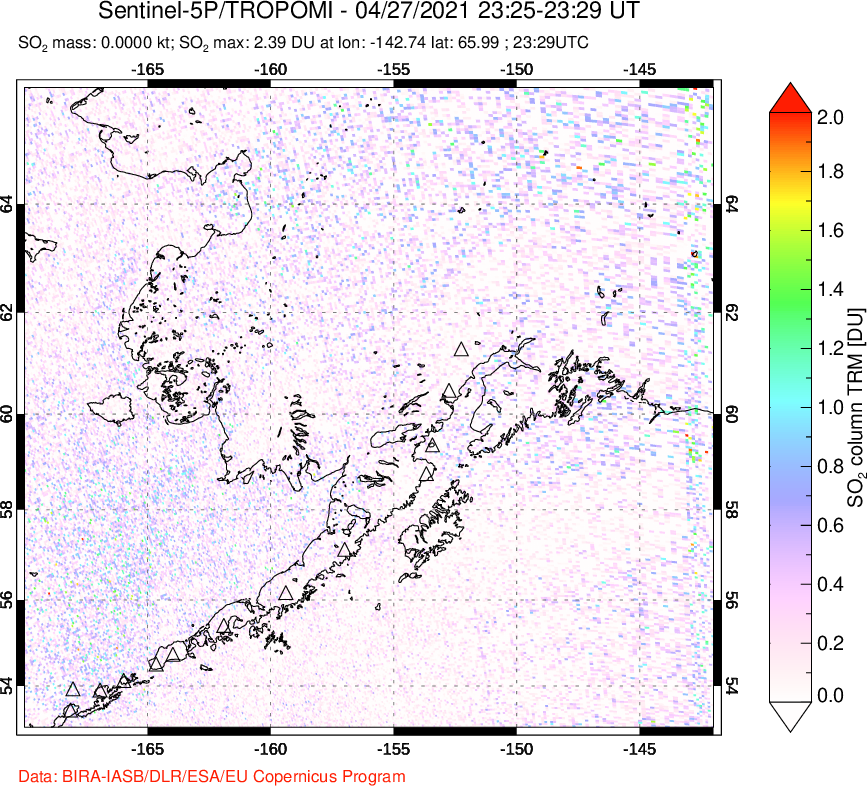 A sulfur dioxide image over Alaska, USA on Apr 27, 2021.