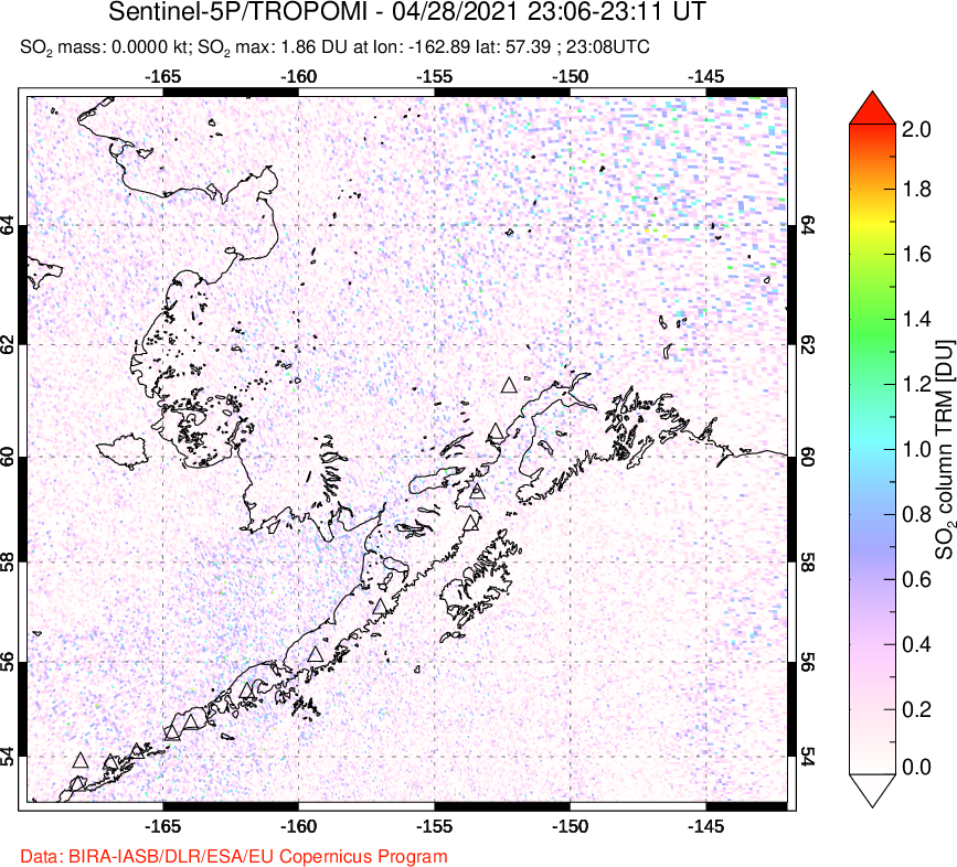A sulfur dioxide image over Alaska, USA on Apr 28, 2021.