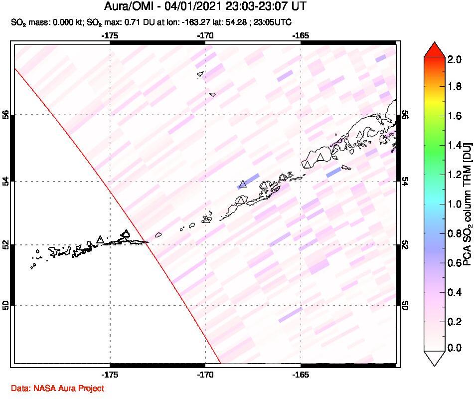 A sulfur dioxide image over Aleutian Islands, Alaska, USA on Apr 01, 2021.