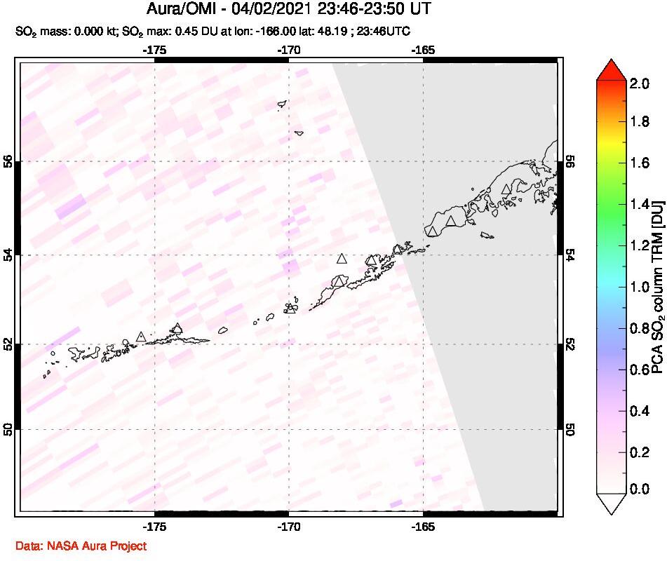 A sulfur dioxide image over Aleutian Islands, Alaska, USA on Apr 02, 2021.