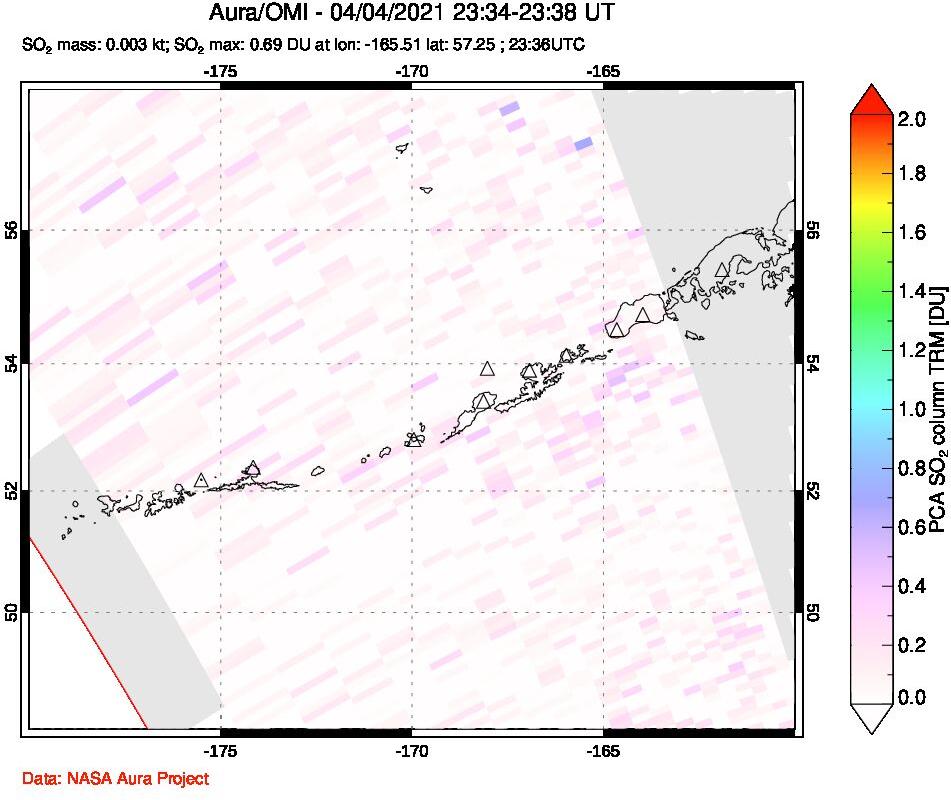 A sulfur dioxide image over Aleutian Islands, Alaska, USA on Apr 04, 2021.