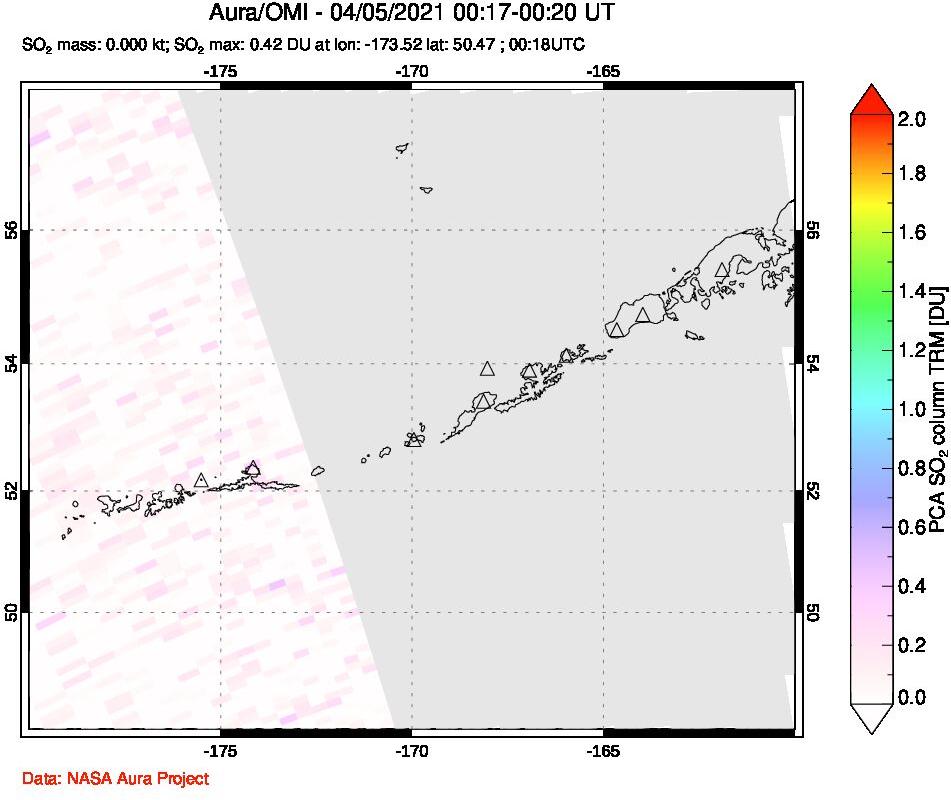 A sulfur dioxide image over Aleutian Islands, Alaska, USA on Apr 05, 2021.