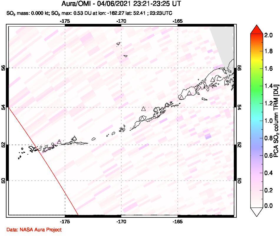 A sulfur dioxide image over Aleutian Islands, Alaska, USA on Apr 06, 2021.