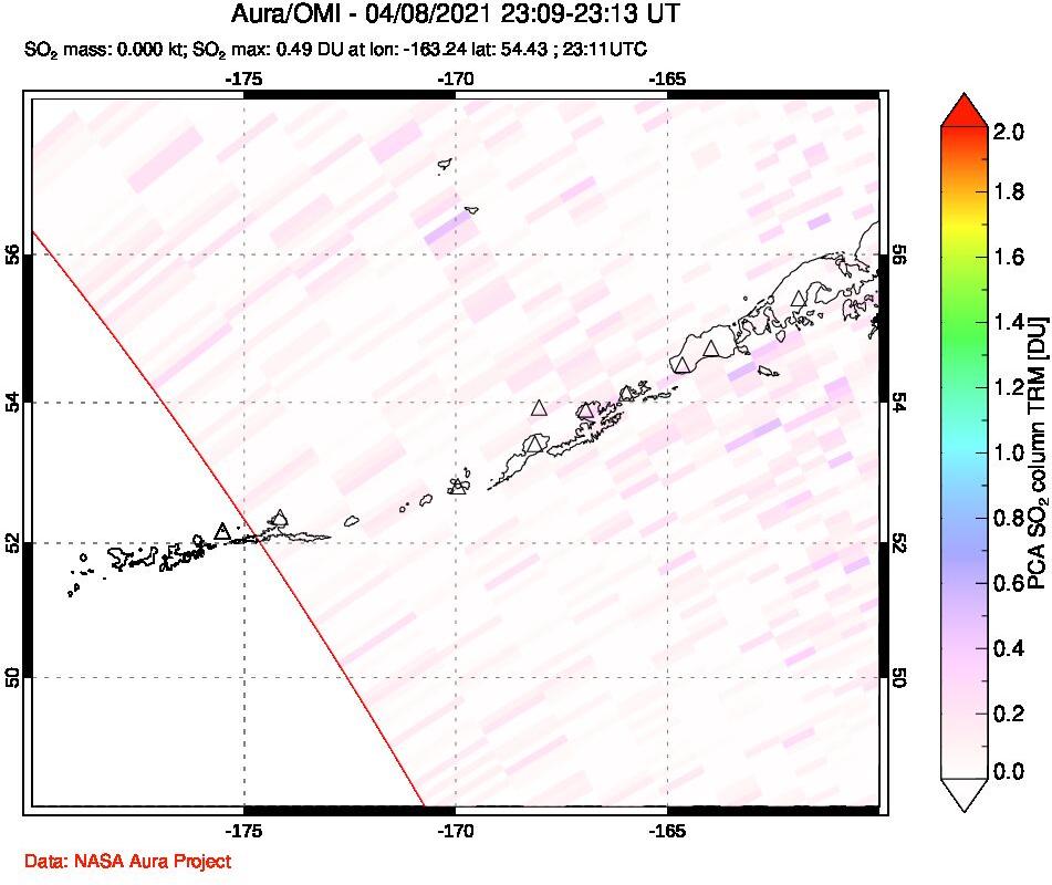A sulfur dioxide image over Aleutian Islands, Alaska, USA on Apr 08, 2021.