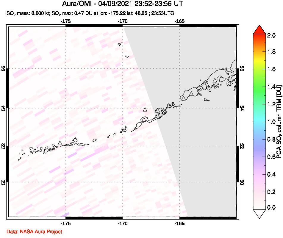A sulfur dioxide image over Aleutian Islands, Alaska, USA on Apr 09, 2021.