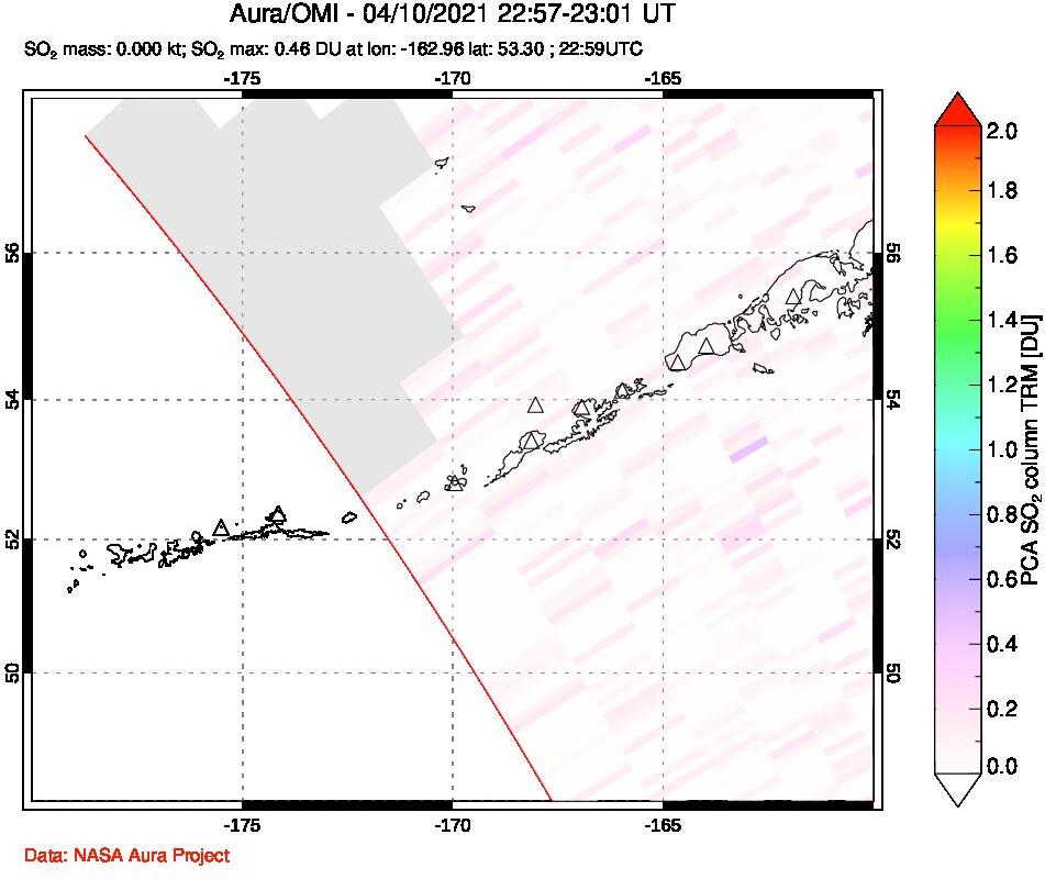 A sulfur dioxide image over Aleutian Islands, Alaska, USA on Apr 10, 2021.