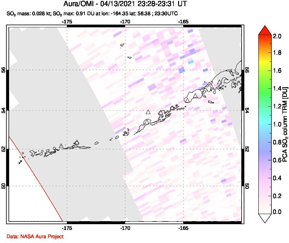 A sulfur dioxide image over Aleutian Islands, Alaska, USA on Apr 13, 2021.