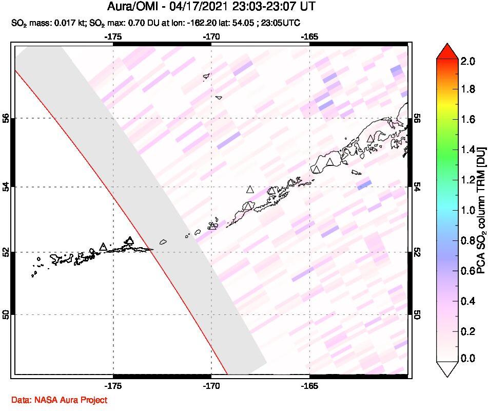A sulfur dioxide image over Aleutian Islands, Alaska, USA on Apr 17, 2021.
