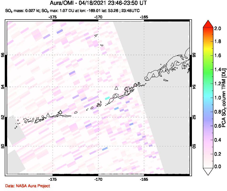 A sulfur dioxide image over Aleutian Islands, Alaska, USA on Apr 18, 2021.
