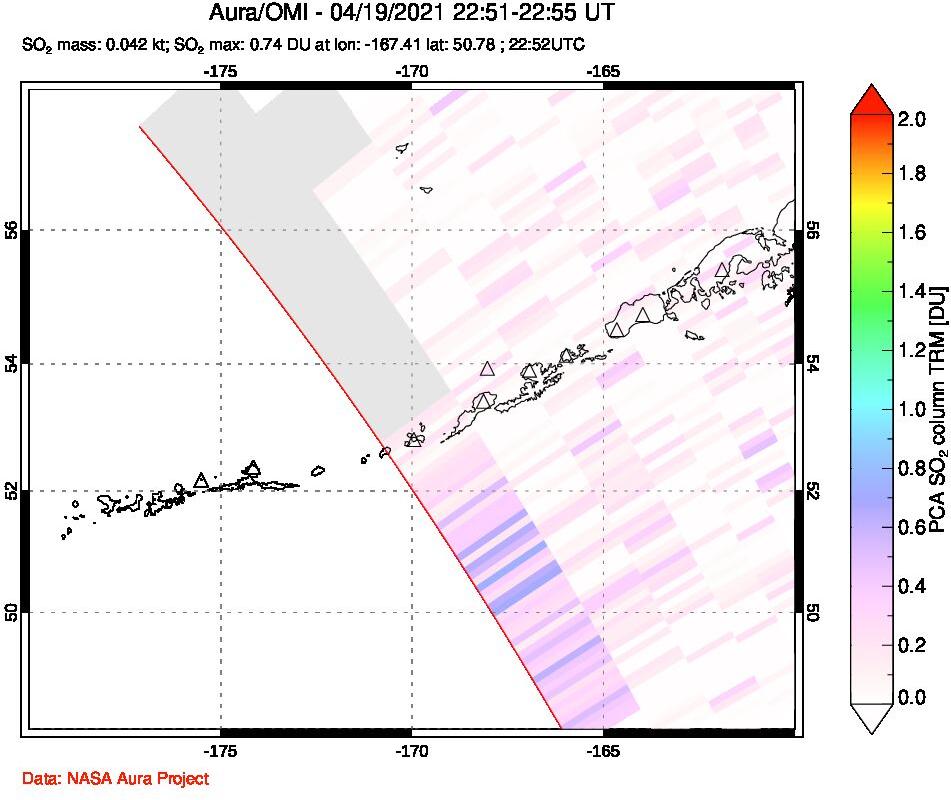 A sulfur dioxide image over Aleutian Islands, Alaska, USA on Apr 19, 2021.