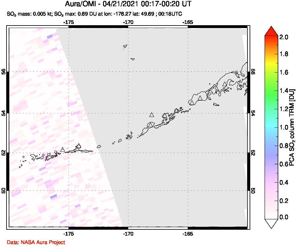 A sulfur dioxide image over Aleutian Islands, Alaska, USA on Apr 21, 2021.