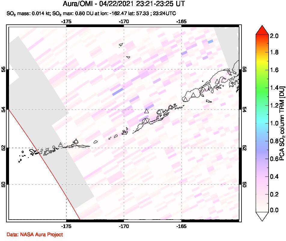 A sulfur dioxide image over Aleutian Islands, Alaska, USA on Apr 22, 2021.