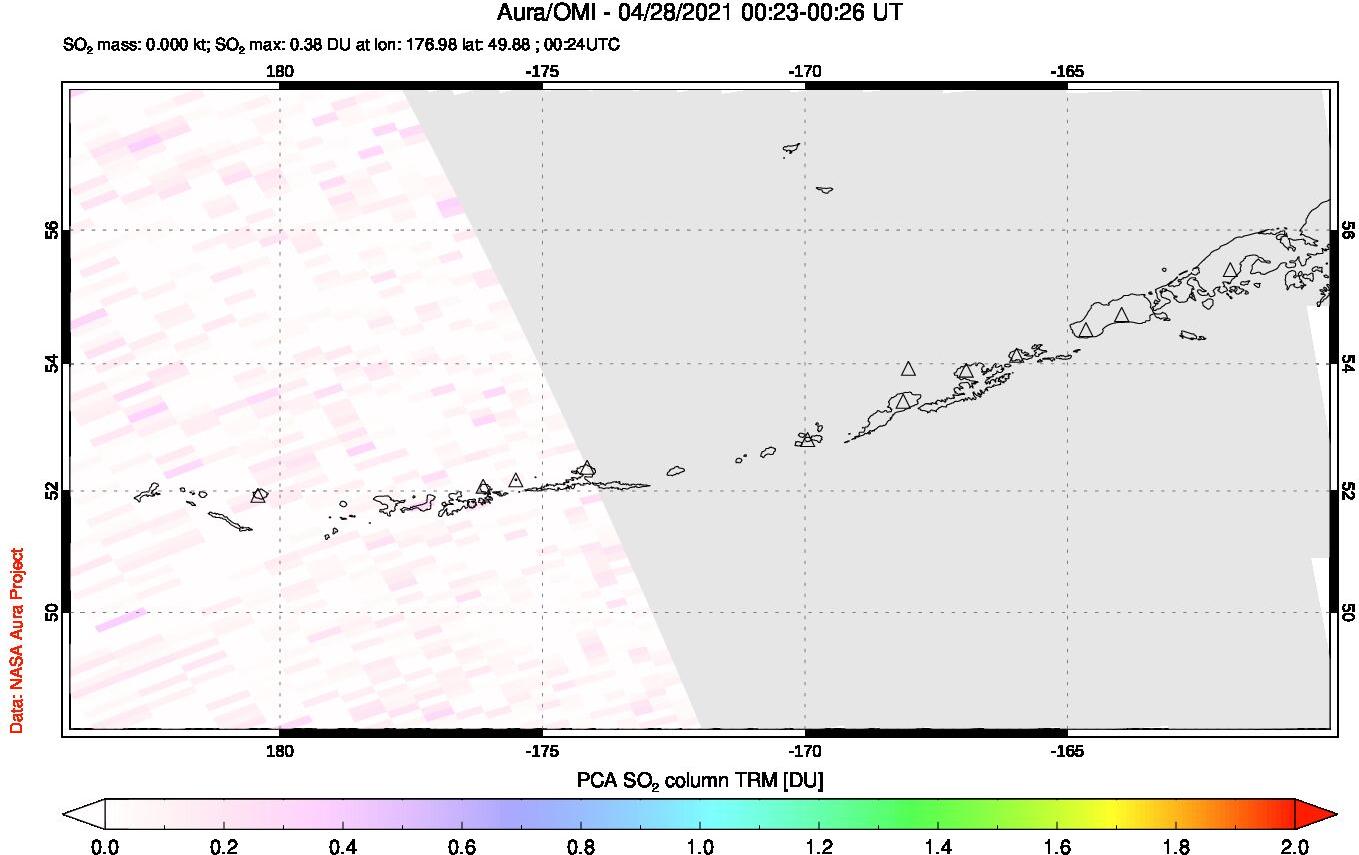 A sulfur dioxide image over Aleutian Islands, Alaska, USA on Apr 28, 2021.