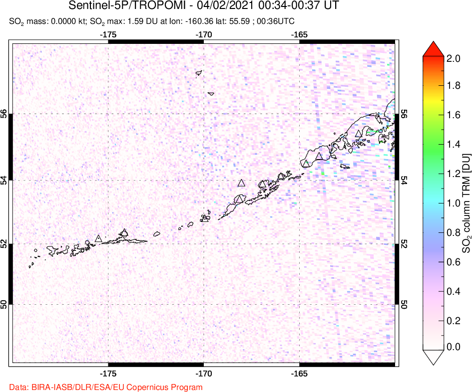 A sulfur dioxide image over Aleutian Islands, Alaska, USA on Apr 02, 2021.