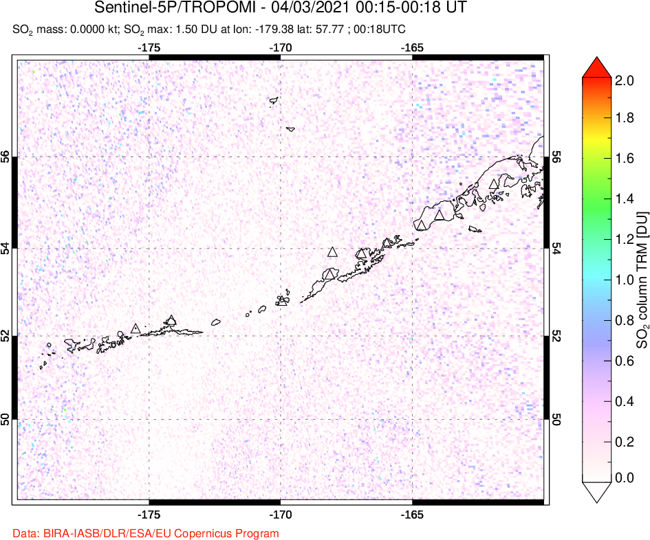 A sulfur dioxide image over Aleutian Islands, Alaska, USA on Apr 03, 2021.