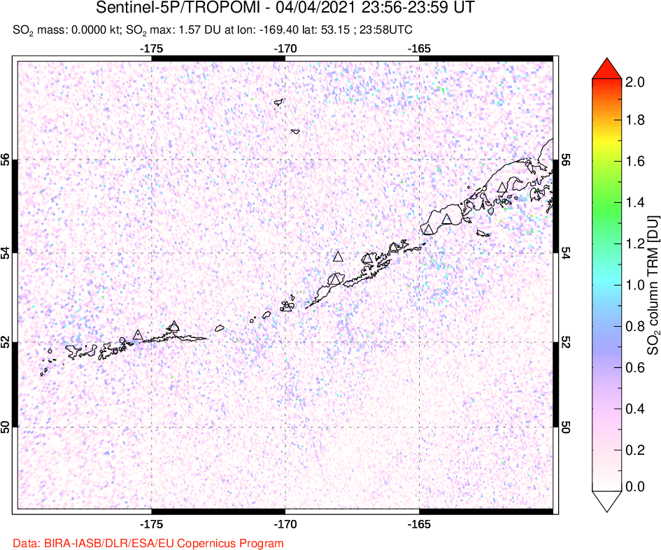 A sulfur dioxide image over Aleutian Islands, Alaska, USA on Apr 04, 2021.