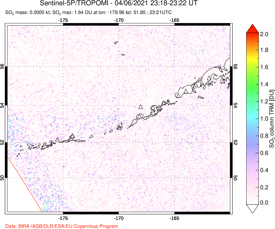 A sulfur dioxide image over Aleutian Islands, Alaska, USA on Apr 06, 2021.