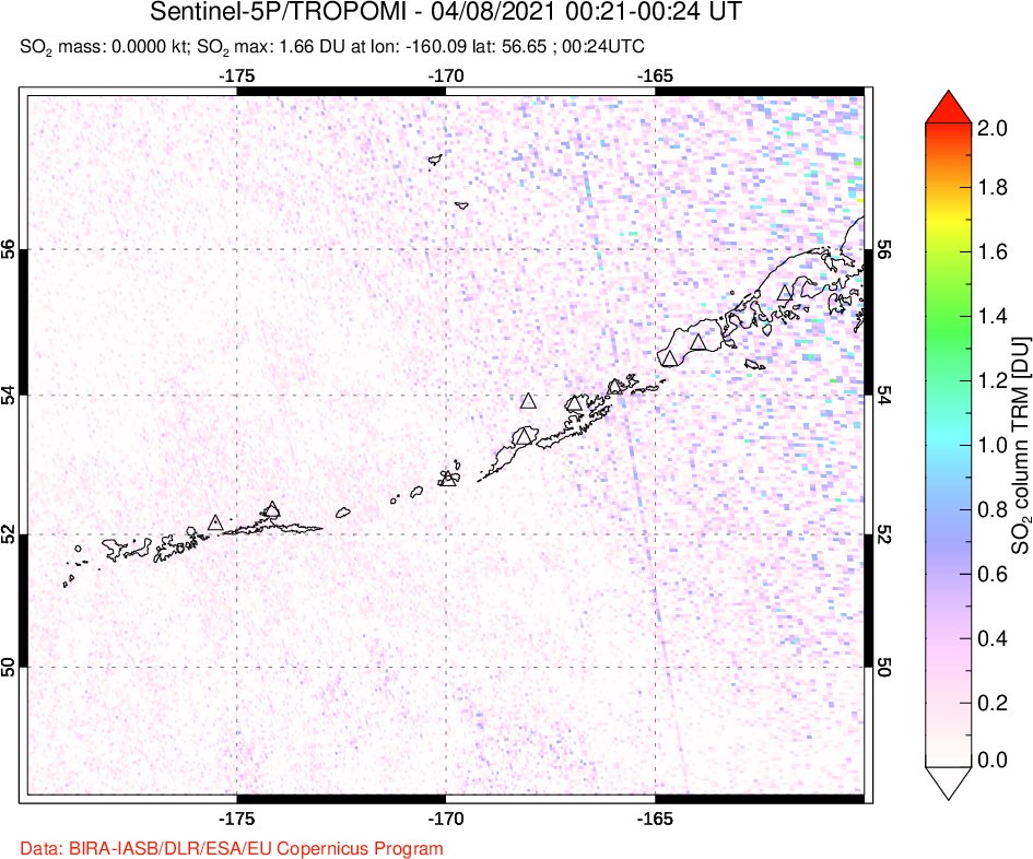 A sulfur dioxide image over Aleutian Islands, Alaska, USA on Apr 08, 2021.