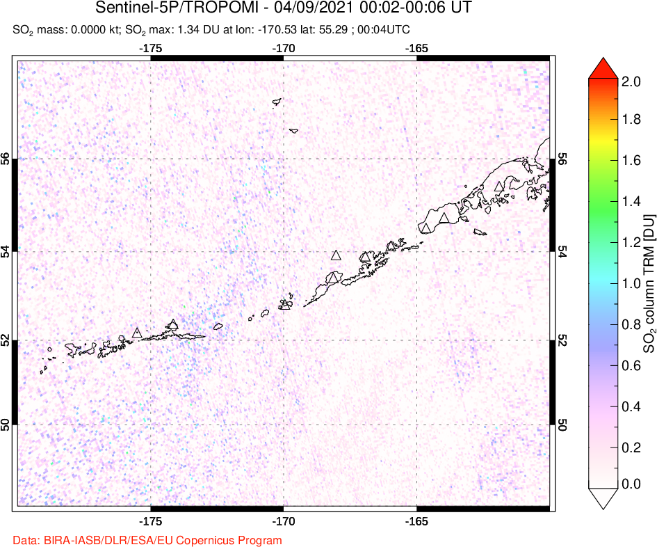 A sulfur dioxide image over Aleutian Islands, Alaska, USA on Apr 09, 2021.