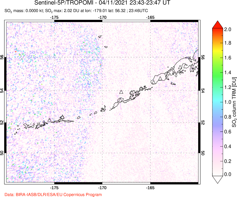 A sulfur dioxide image over Aleutian Islands, Alaska, USA on Apr 11, 2021.