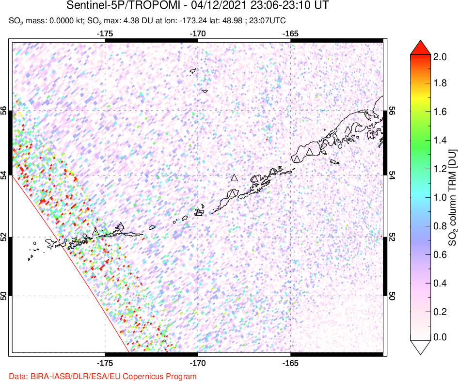 A sulfur dioxide image over Aleutian Islands, Alaska, USA on Apr 12, 2021.