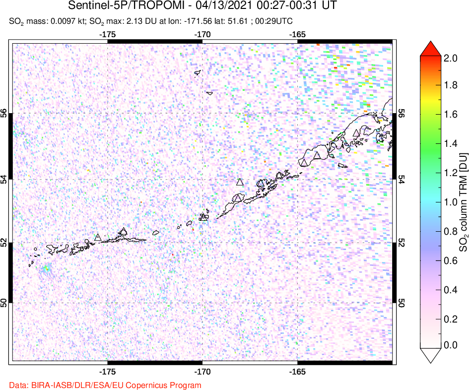 A sulfur dioxide image over Aleutian Islands, Alaska, USA on Apr 13, 2021.