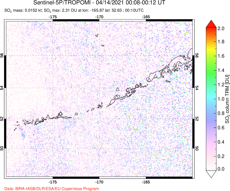 A sulfur dioxide image over Aleutian Islands, Alaska, USA on Apr 14, 2021.