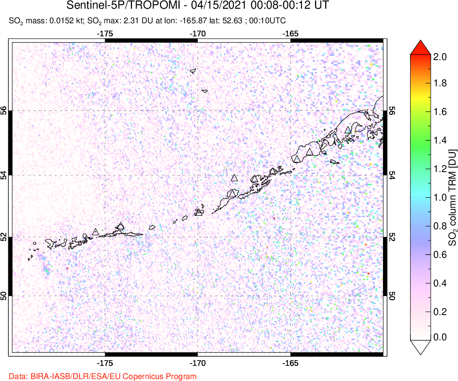 A sulfur dioxide image over Aleutian Islands, Alaska, USA on Apr 15, 2021.